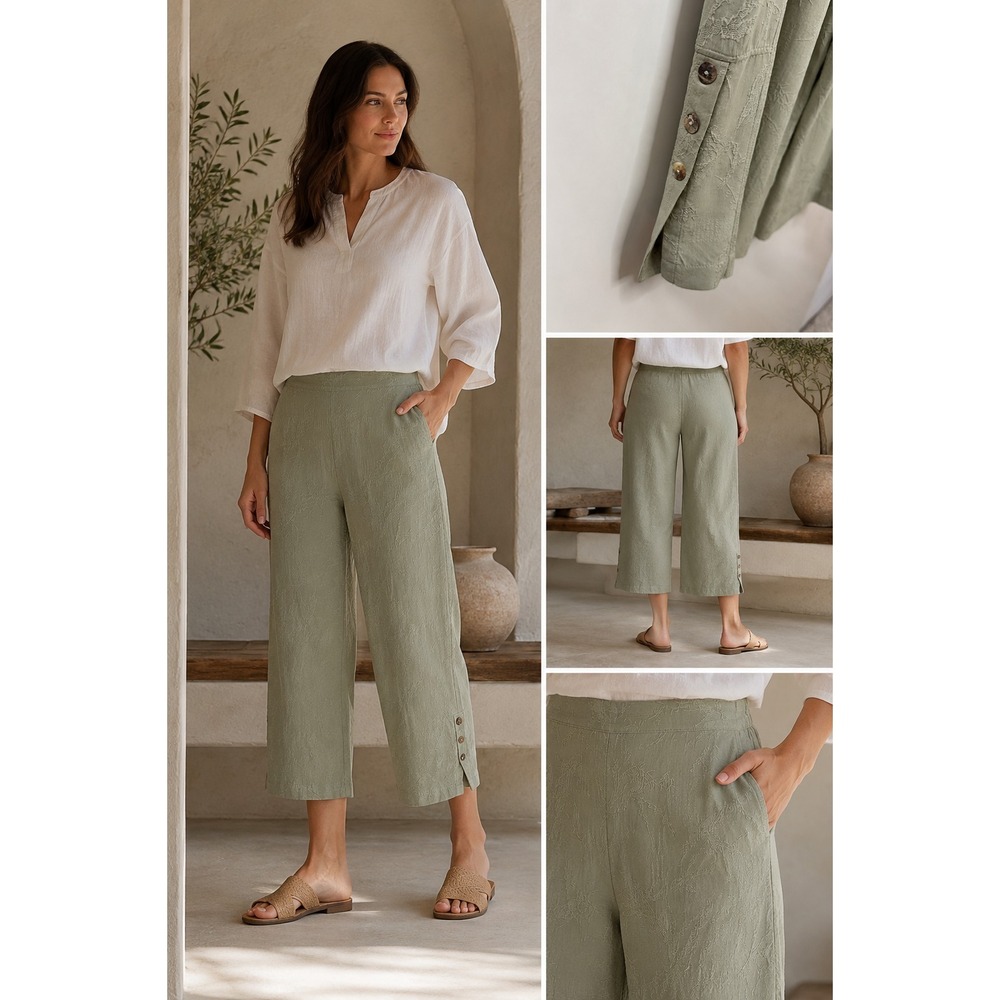 Citron Santa Monica Green Silk Crop Pants Textured Pull On M Button Boho Luxury